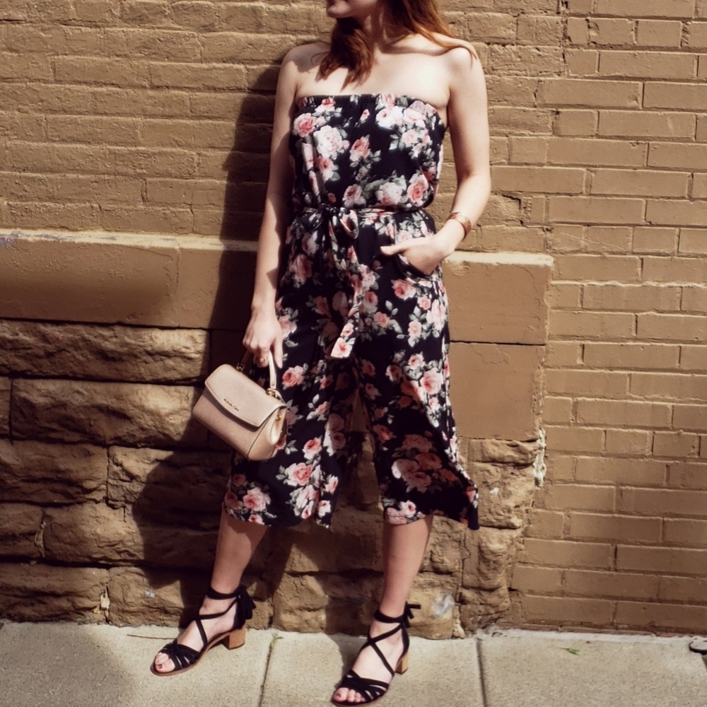 Floral Wide Leg Cropped Tie Waist Jumpsuit